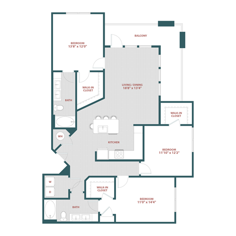 Floor plan for 3 beds, 2 baths, 1471 sqft